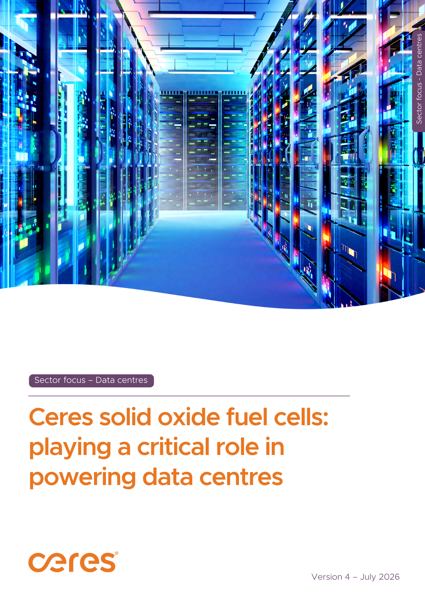 Cover page of the data centre sector focus featuring a blue lit data centre cabinetry system